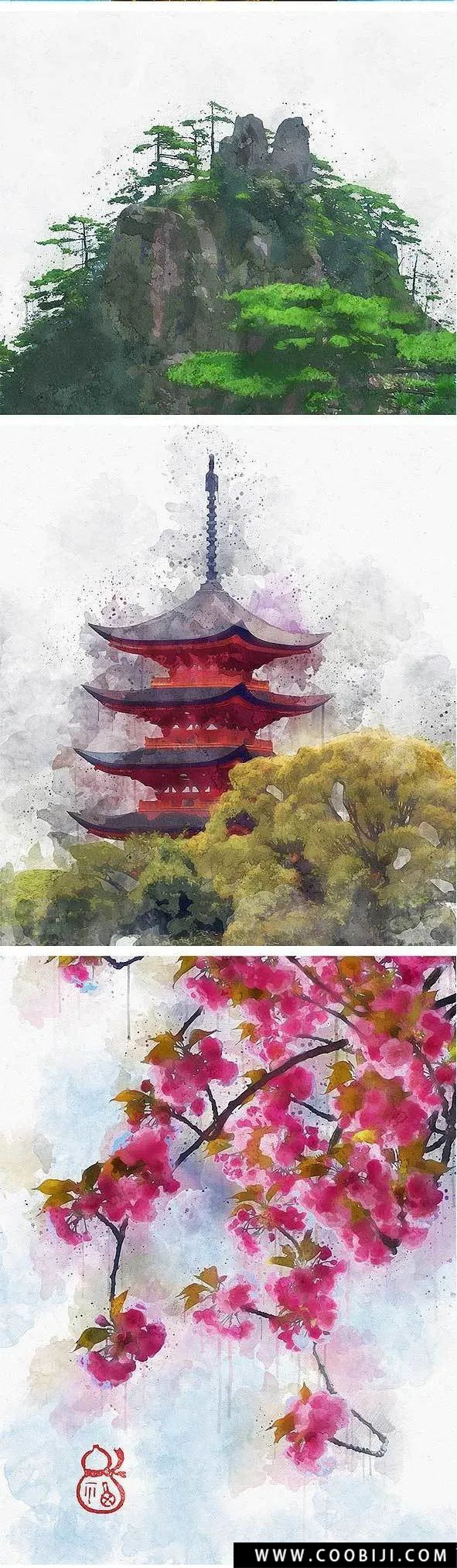 PS动作-中国风照片一键生成手绘水墨水彩画效果设计素材+PSD格式印章插图2