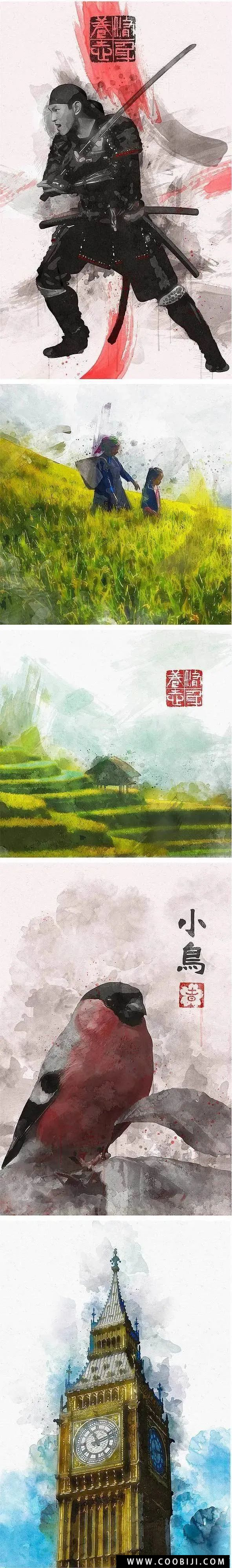 PS动作-中国风照片一键生成手绘水墨水彩画效果设计素材+PSD格式印章插图1