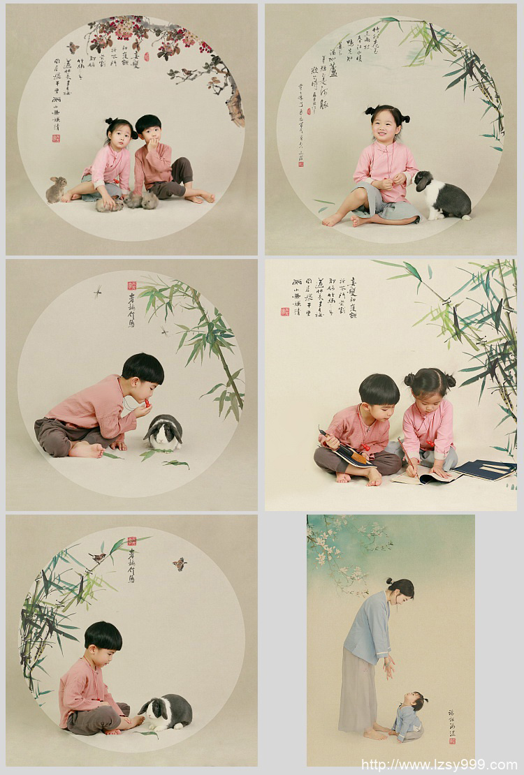 PS模板-64款中国风儿童工笔画PSD素材民国风宝宝古装背景模板插图8