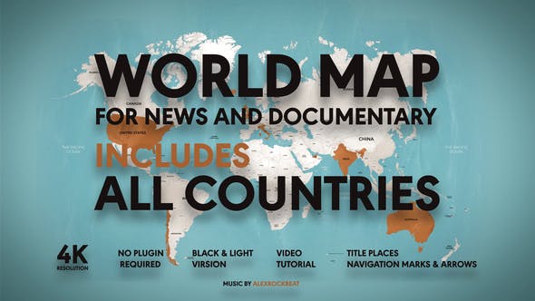 4K世界地图旅行导航路径线标题位置标记 World Map – For News and Documentary插图